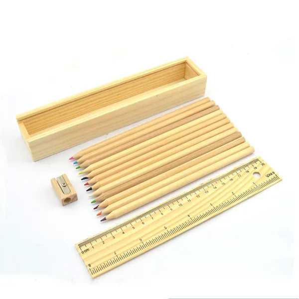 12-Piece Colored Pencil Set In Wooden Ruler Box