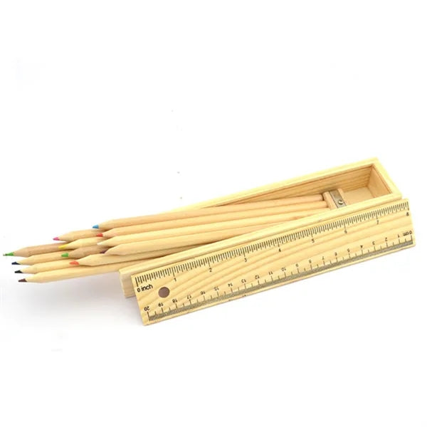 12-Piece Colored Pencil Set In Wooden Ruler Box