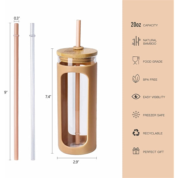 20oz Glass Water Tumbler W/ Protective Sleeve Bamboo Lid