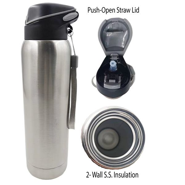 16 Oz. Vacuum Insulated Push-Open Bottle, w/Straw/String