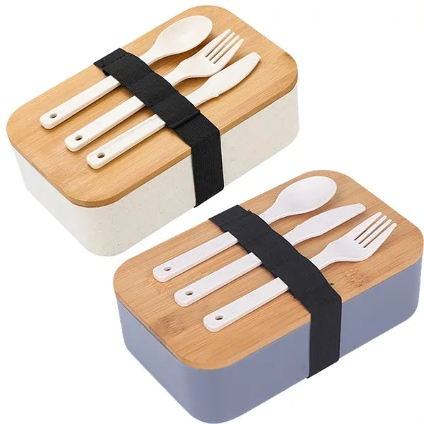 Plastic Lunch-box w/ wood lid and Cutlery