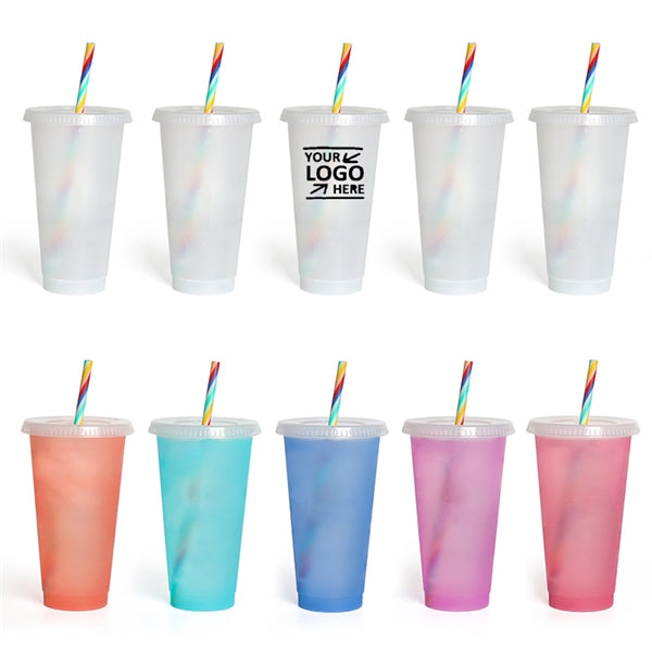 24oz Plastic Color Changing Cups With Lids Straws