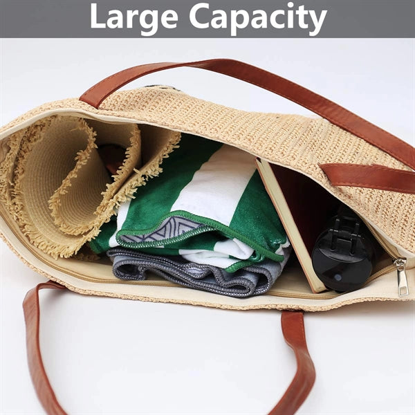 Straw Tote Beach Zipper Bag