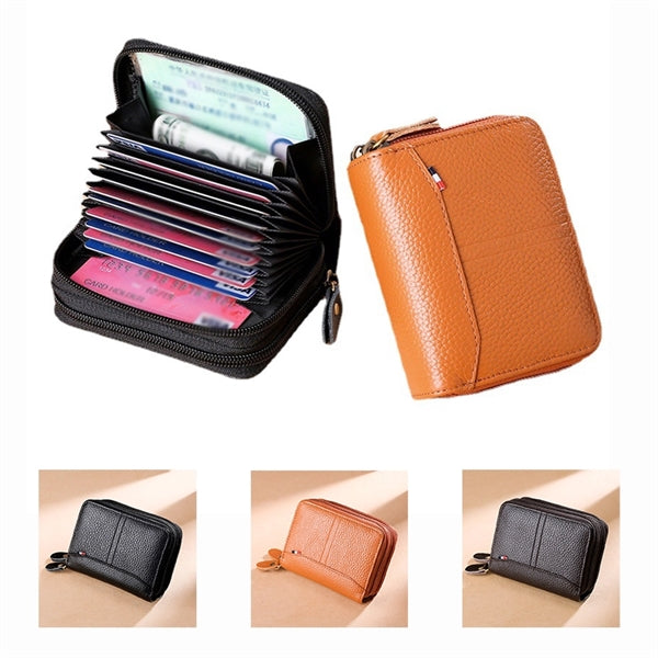 Accordion-style Genuine Leather Credit Card Zippered Wallet