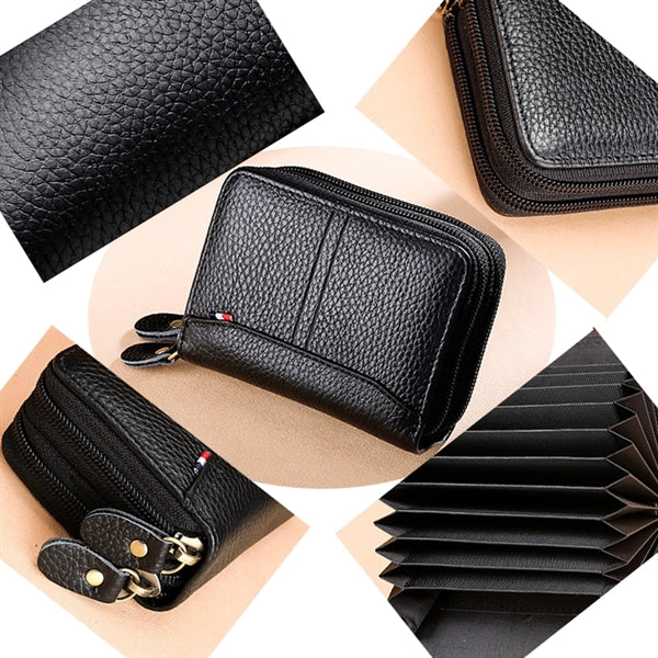 Accordion-style Genuine Leather Credit Card Zippered Wallet