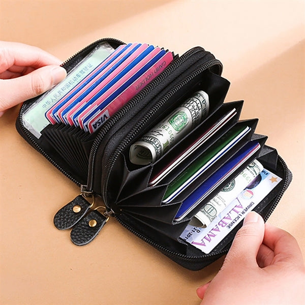 Accordion-style Genuine Leather Credit Card Zippered Wallet
