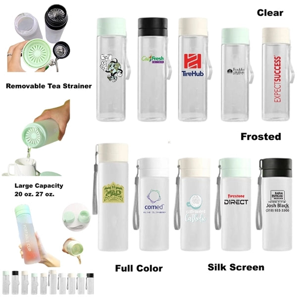 20/27 oz Clear Sports Plastic Water Bottle With Tea Strainer