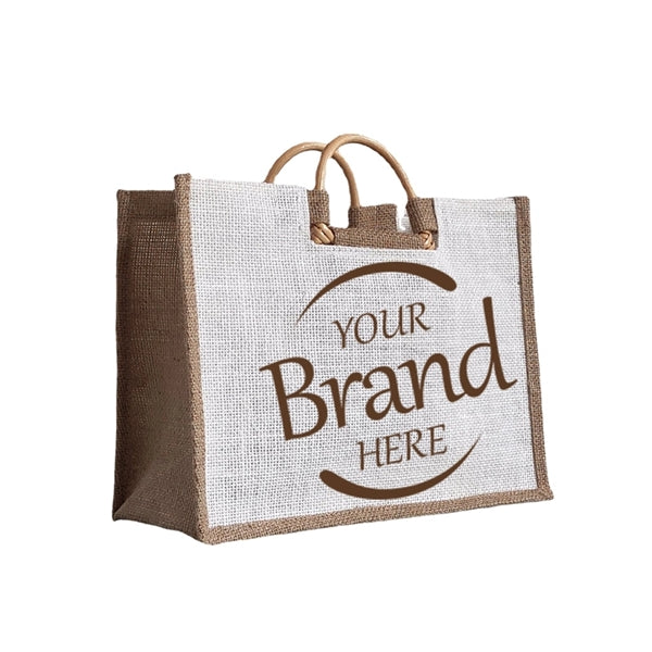 Blank Vine Wood Handle Jute Shopping Tote Bag
