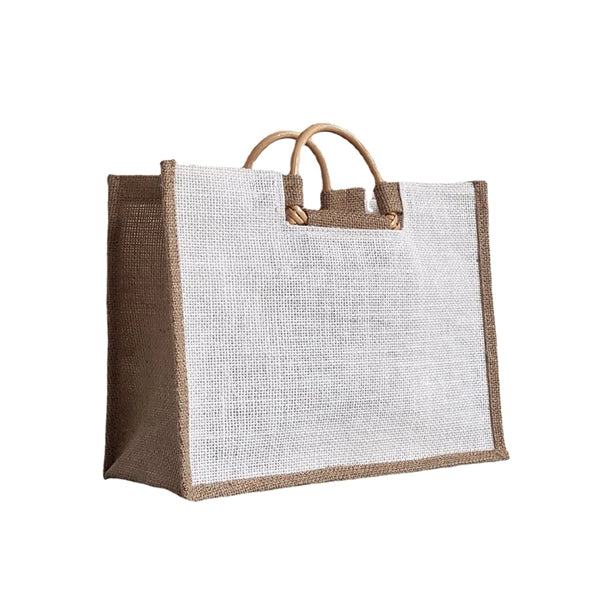 Blank Vine Wood Handle Jute Shopping Tote Bag