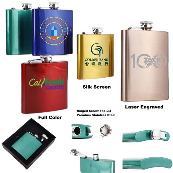 6 oz Hip Whisky Flask Stainless Steel Various Colours