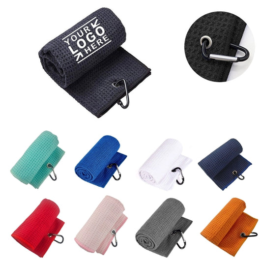 Tri-fold Waffle Pattern Microfiber Golf Towel w/ Hook