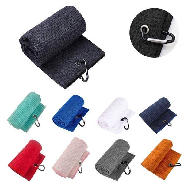 Tri-fold Waffle Pattern Microfiber Golf Towel w/ Hook