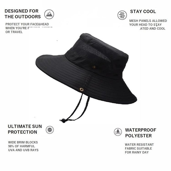 Unisex Breathable Wide Brim Bucket UPF50+ Sun Fishing Hat