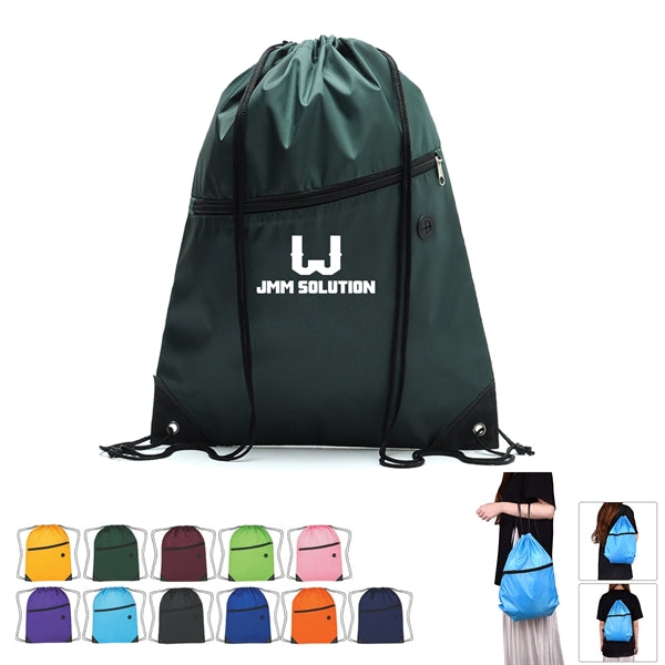 Drawstring Backpack With Zipper Polyester Pocket