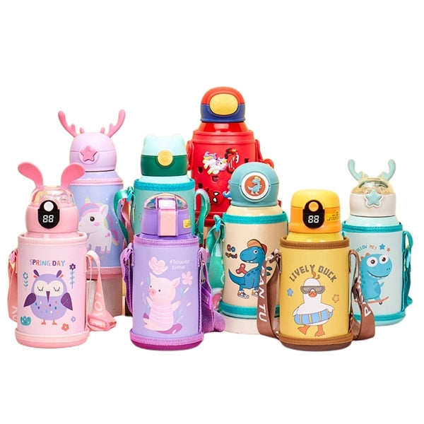 16.9 oz Temperature Display Cartoon Vacuum Flask with Straw