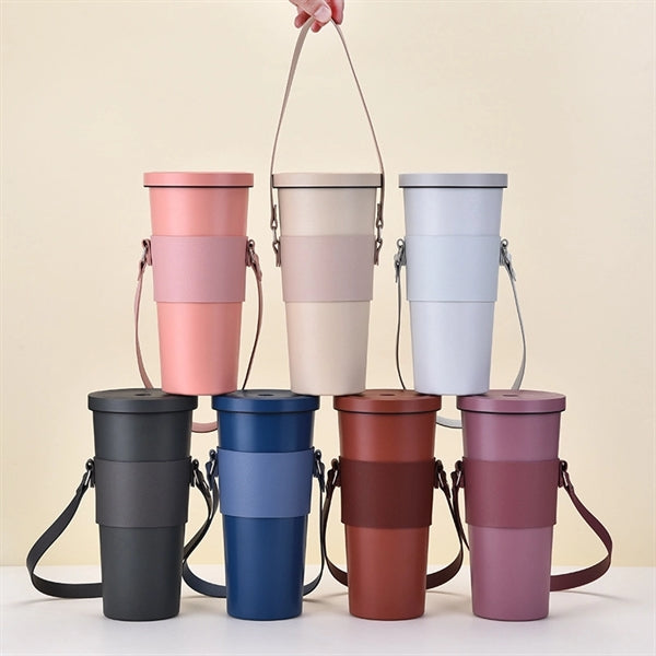 Leather Coffee Cup Sleeve With Handle Strap