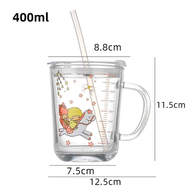 400 ML Cartoon Printed Milk Glass Sipper Mug Jar With Straw