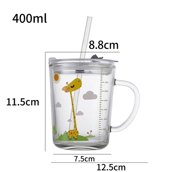 400 ML Cartoon Printed Milk Glass Sipper Mug Jar With Straw