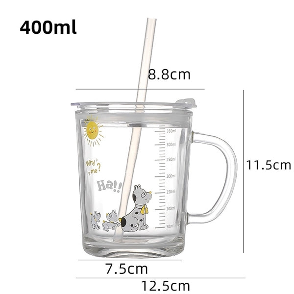 400 ML Cartoon Printed Milk Glass Sipper Mug Jar With Straw