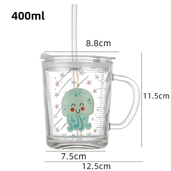 400 ML Cartoon Printed Milk Glass Sipper Mug Jar With Straw