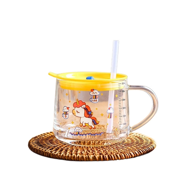 400 ML Cartoon Printed Milk Glass Sipper Mug Jar With Straw