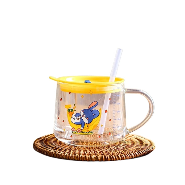 400 ML Cartoon Printed Milk Glass Sipper Mug Jar With Straw