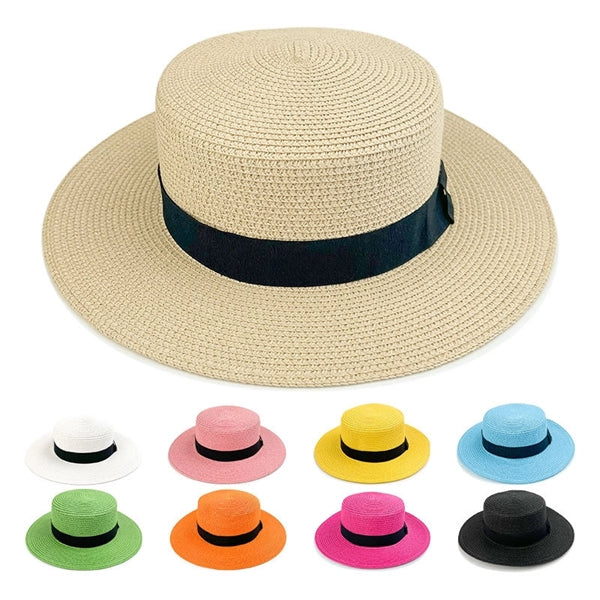 Wide Brim Straw Flat Top Panama Hat Beach Cap for Women