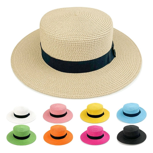 Wide Brim Straw Flat Top Panama Hat Beach Cap for Women