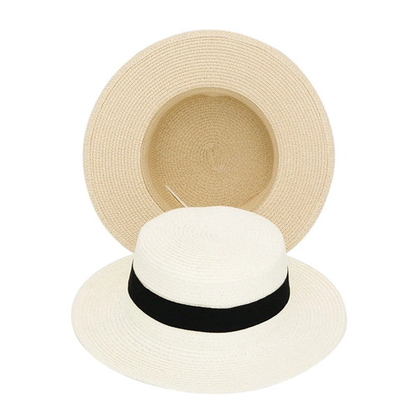Wide Brim Straw Flat Top Panama Hat Beach Cap for Women