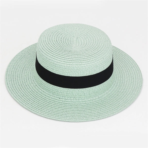 Wide Brim Straw Flat Top Panama Hat Beach Cap for Women