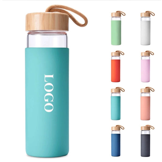 16oz Glass Water Bottle With Bamboo Lid And Silicone Sleeve