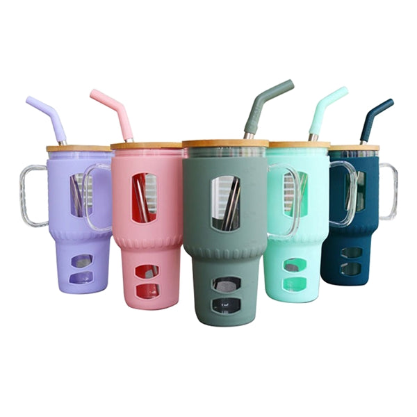 32 Oz. Glass Water Tumbler with Bamboo Lid & Straw