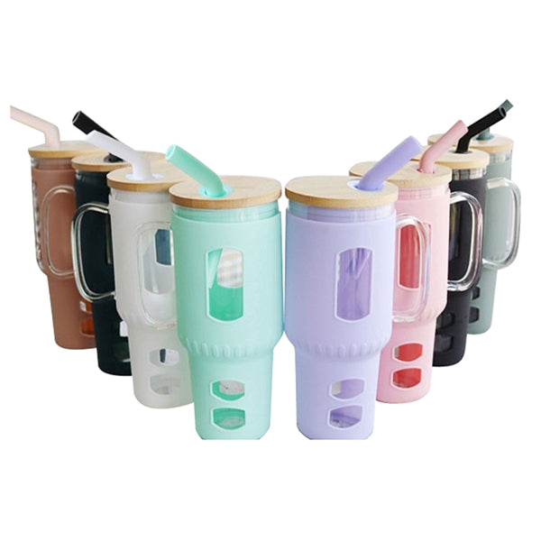 32 Oz. Glass Water Tumbler with Bamboo Lid & Straw