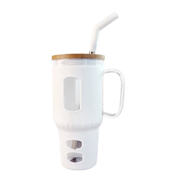 32 Oz. Glass Water Tumbler with Bamboo Lid & Straw