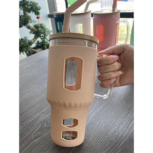 32 Oz. Glass Water Tumbler with Bamboo Lid & Straw