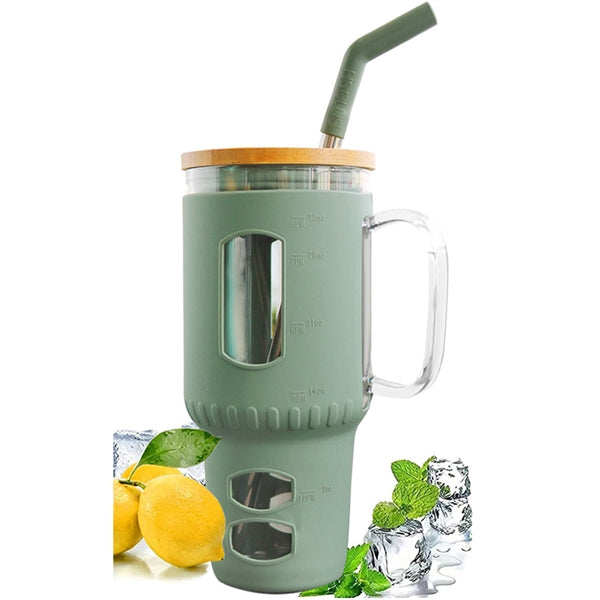 32 Oz. Glass Water Tumbler with Bamboo Lid & Straw