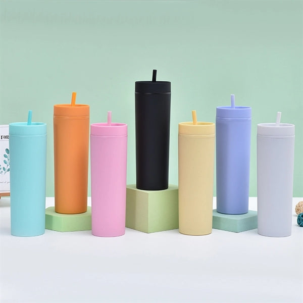 16oz Double-Layer Plastic Frosted Straw Cup with Lids