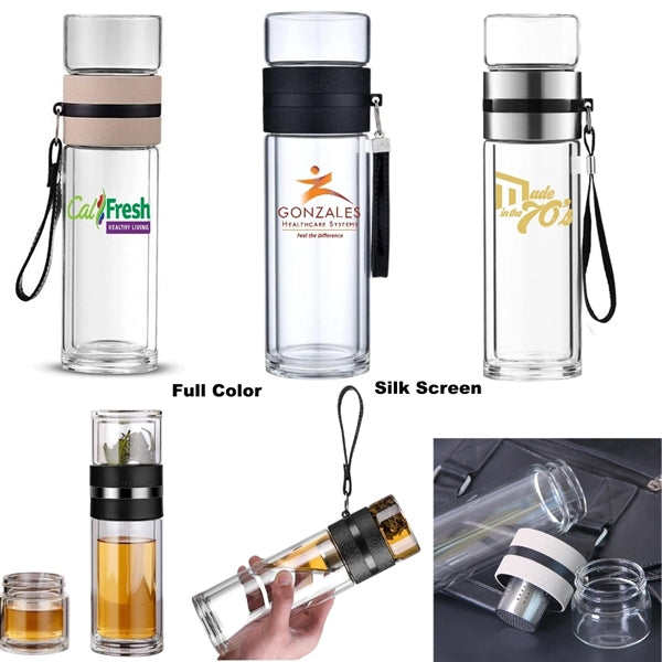 12/15 oz Double Wall Glass Tea Tumbler Bottle with Strainer