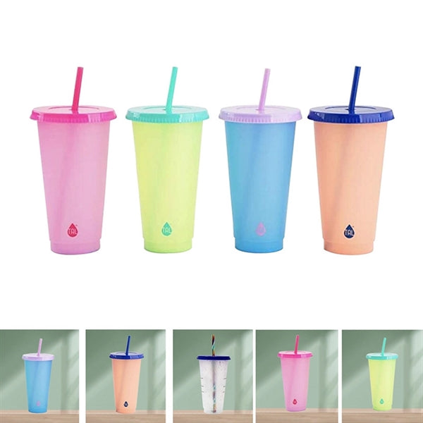 24oz Summer Color Changing Cold Drink Straw Cup with Lid
