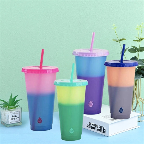 24oz Summer Color Changing Cold Drink Straw Cup with Lid