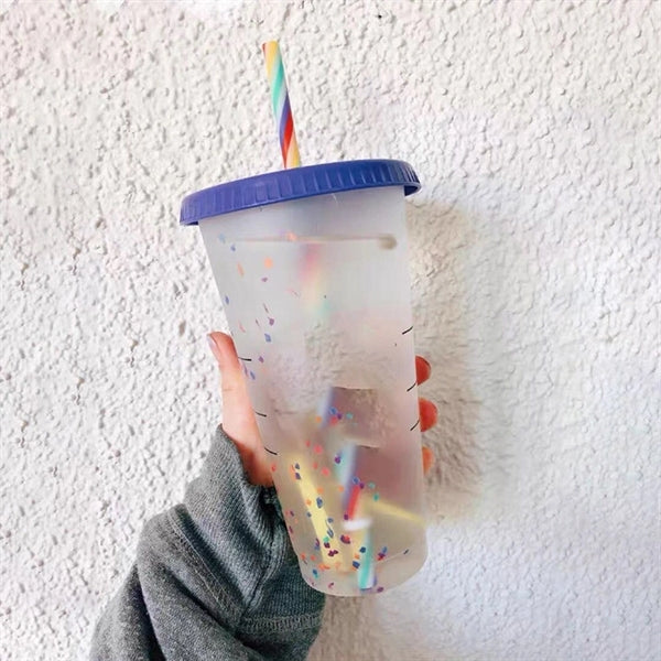 24oz Summer Color Changing Cold Drink Straw Cup with Lid