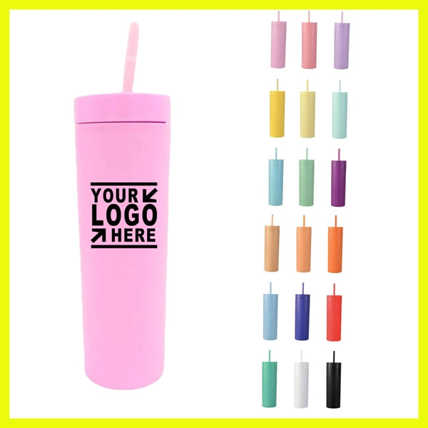 16Oz Double Plastic Frosted Cup With Straw