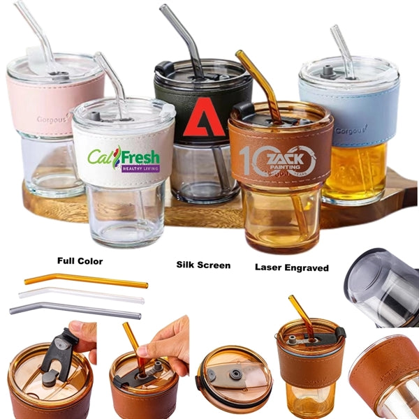 13.5 oz Glass Tumbler Cup with Lid & Straw Smoothie Mugs