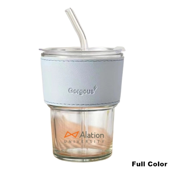 13.5 oz Glass Tumbler Cup with Lid & Straw Smoothie Mugs