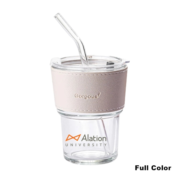13.5 oz Glass Tumbler Cup with Lid & Straw Smoothie Mugs