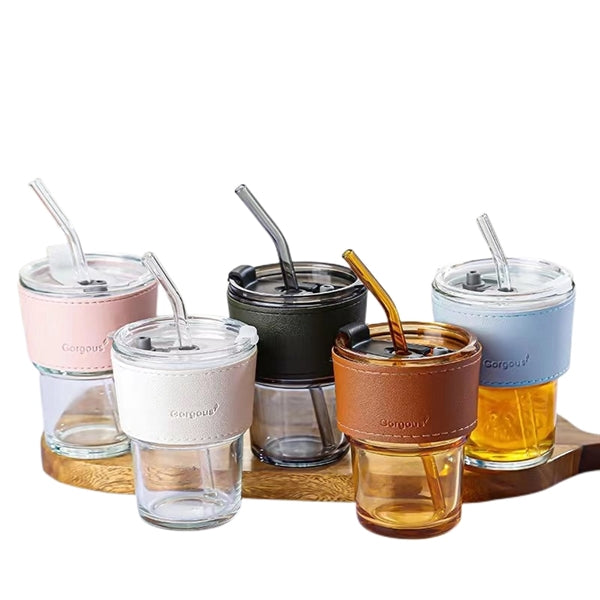13.5 oz Glass Tumbler Cup with Lid & Straw Smoothie Mugs