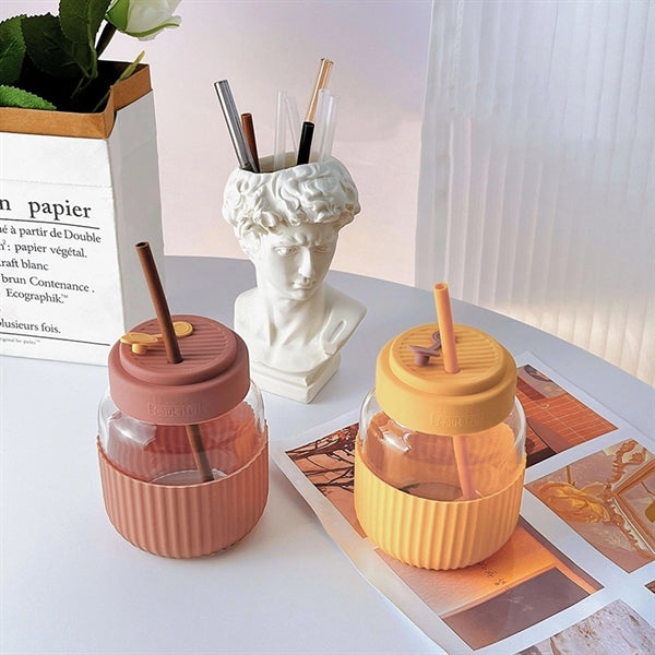 13.5oz Glass Water Cup With Silicone Sleeve And Straw