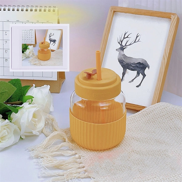 13.5oz Glass Water Cup With Silicone Sleeve And Straw