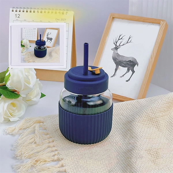 13.5oz Glass Water Cup With Silicone Sleeve And Straw
