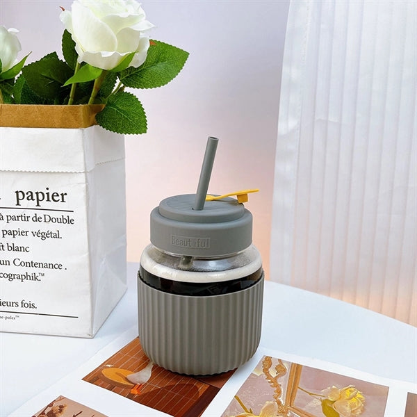 13.5oz Glass Water Cup With Silicone Sleeve And Straw